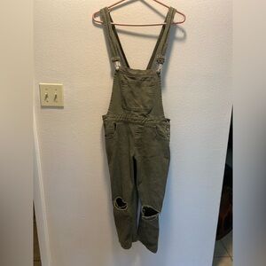 Forever 21 Y2K Retro Distressed Green Khaki Cotton Bib Adjustable Overalls Small